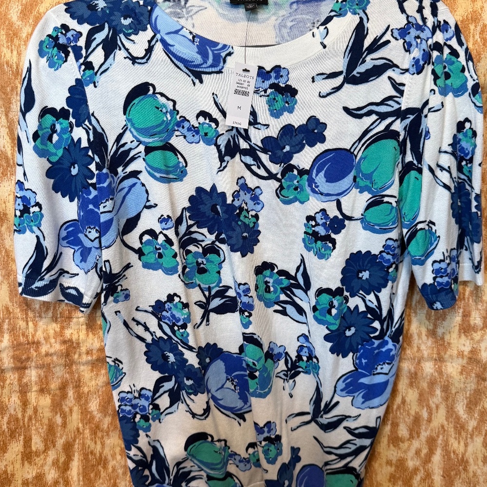 Talbots Short Sleeve Knit Sweater With Blue and Navy Floral Design